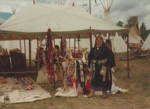Linda's vendor stand at the Midwestern Rendevous in the 1980s, where she sold her beadwork and other tipi accoutrements.