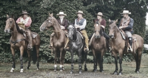 The Wyoming Wild Bunch, mounted and ready to ride into the Detling Military Odyssey, a multi-period event held in Kent UK. Tyrel O'Donnell is second from the right.